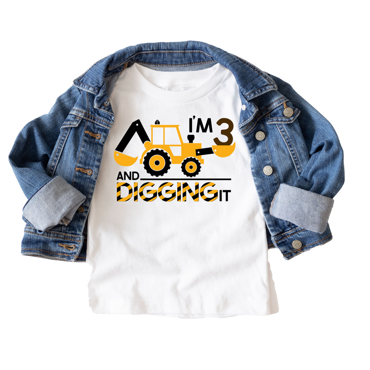 I'm Three and Digging it Construction Birthday Tee White & Cream Options