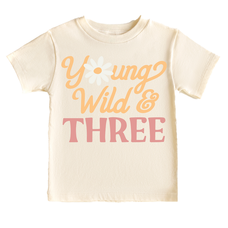 Young, Wild, & Three Retro Birthday Tee White & Cream Options