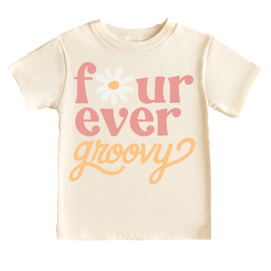 Four Ever Groovy Retro Birthday Tee White & Cream Options