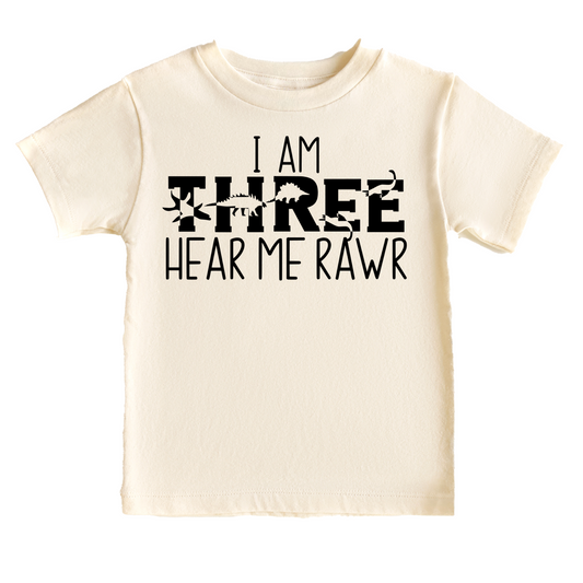 I Am Three Hear me Roar Birthday Tee White & Cream Options