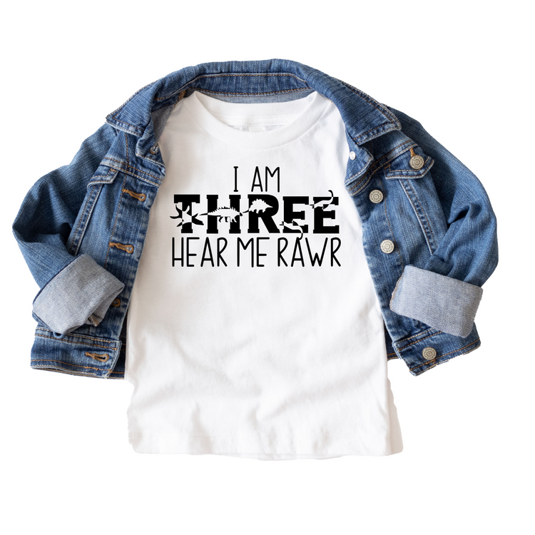 I Am Three Hear me Roar Birthday Tee White & Cream Options