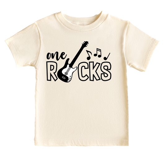 One Rocks Guitar Birthday Tee White & Cream Options