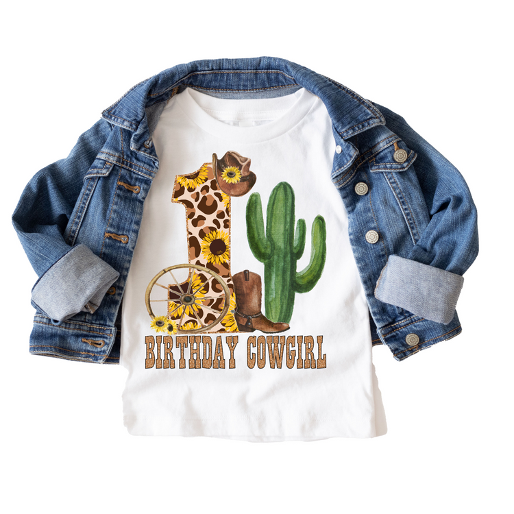 Birthday Cowgirl First 1st Leopard Western Birthday Tee White & Cream Options