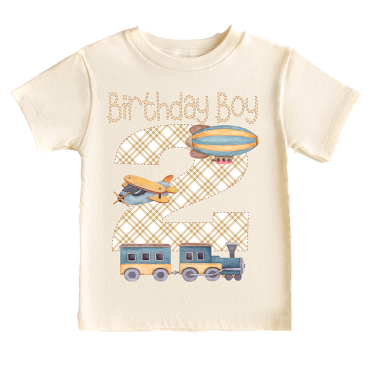 Birthday Boy Airplanes & Trains 2nd Birthday Tee White & Cream Options