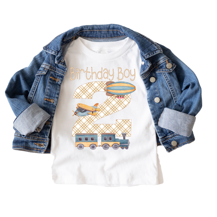 Birthday Boy Airplanes & Trains 2nd Birthday Tee White & Cream Options