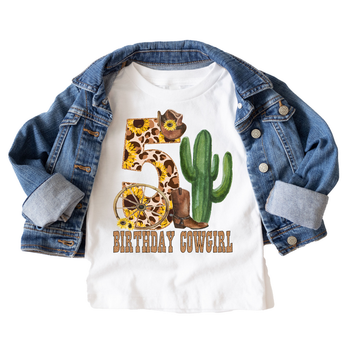 Birthday Cowgirl 5th Fifth Leopard Western Birthday Tee White & Cream Options