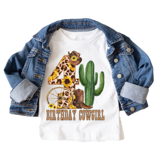 Birthday Cowgirl 4th Forth Leopard Western Birthday Tee White & Cream Options