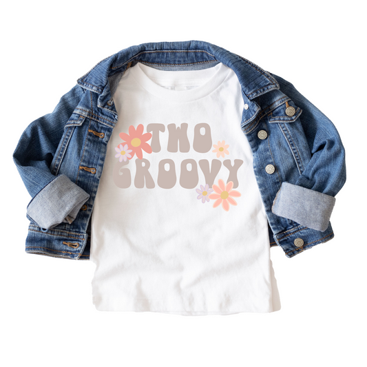 Two Groovy Retro Girl's Second Birthday Tee White & Cream Options