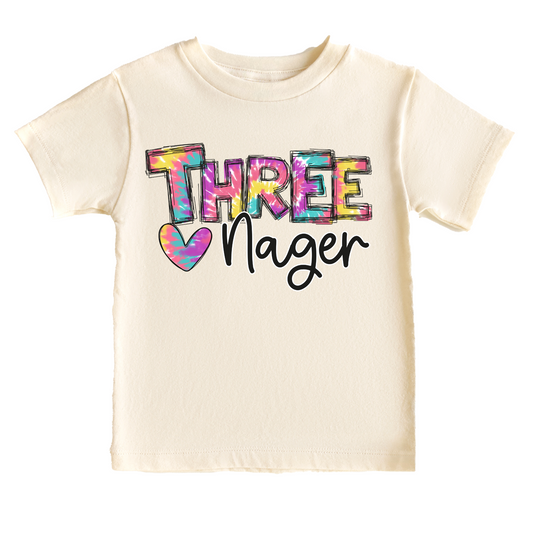 Threenager Tie Dye Kids Third Birthday Tee White & Cream Options