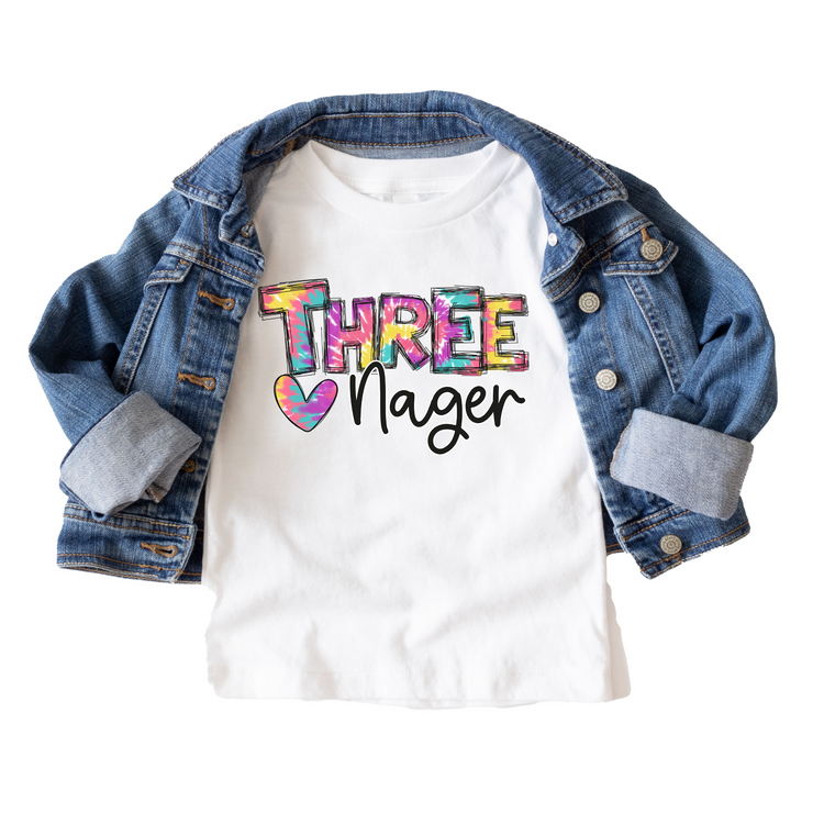 Threenager Tie Dye Kids Third Birthday Tee White & Cream Options