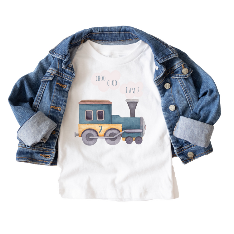 Chuga Chuga I am Two Kids Train Birthday Tee White & Cream Options