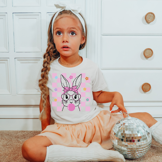 Pink Checkered Bunny Easter Graphic Tee