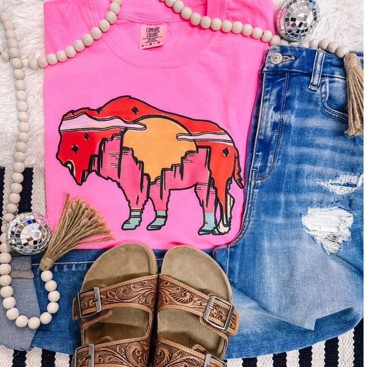 Neon Western Buffalo Comfort Colors Graphic Tee