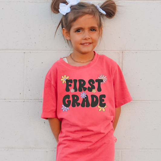 Floral First Grade Comfort Colors Youth Graphic Tee