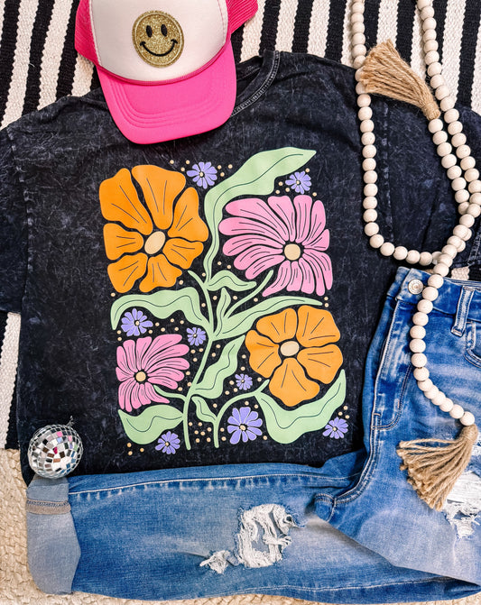 Acid Washed Boho Floral Summer/Spring Graphic Tee