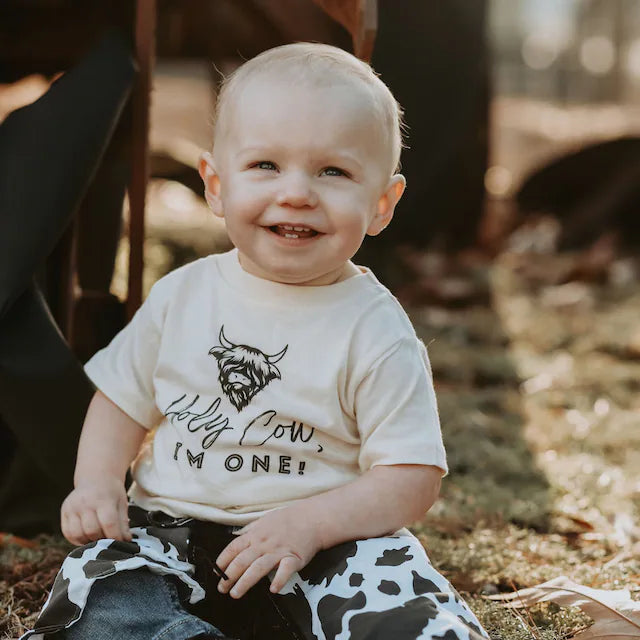 Holy Cow I'm One Western Birthday Tee White & Cream Options