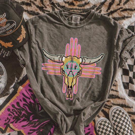 Pink Western Aztec Cowskull Comfort Colors Graphic Tee